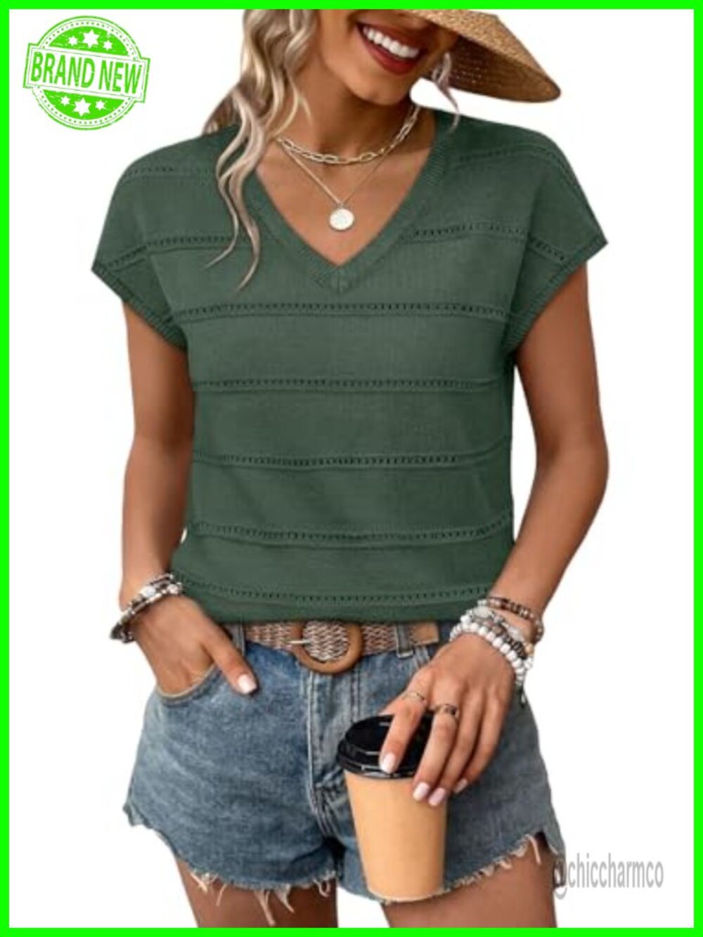WIHOLL Women's V-Neck Cap Sleeve Pullover Sweater Business Casual Knit Top